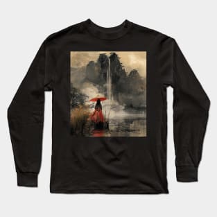 Traditional Chinese Landscape Watercolor Painting Umbrella Kimono Geisha Long Sleeve T-Shirt